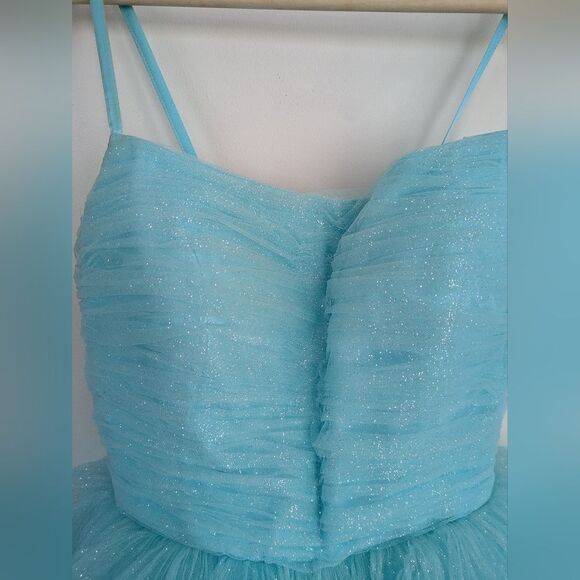 Ashley Lauren Sparkly Blue Tiered Tulle Mini Prom Dress Size 8 - Picture 3 of 9